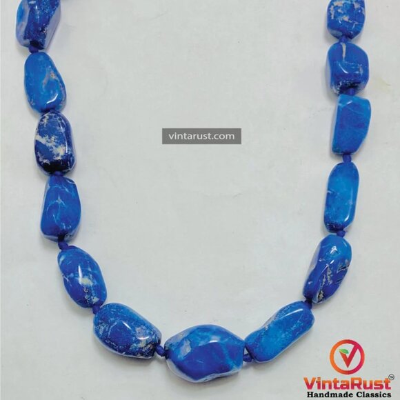 Handmade Lapis Lazuli Gemstone Necklace, Vintage Beaded Stone Necklace, Natural - Picture 5 of 9